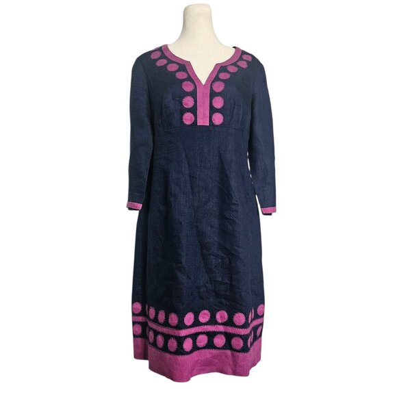Boden 100% Linen Women's Dress SZ 8R 3/4 Sleeve Navy Polka Dot Applique Tunic - Picture 1 of 12